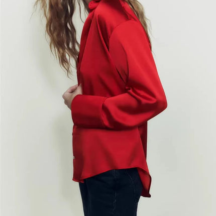 Classic Silk Satin Feel Shirt New Spring Collection Long Sleeve Polyester Fabric Women's Premium Fashion Regular Length