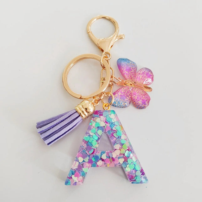 Fashion Butterfly Fringe Initial Keychain Drop Glue Blend Sequin A-Z26 Letter Keychain Cute Ladies Student Bag Accessory Gift