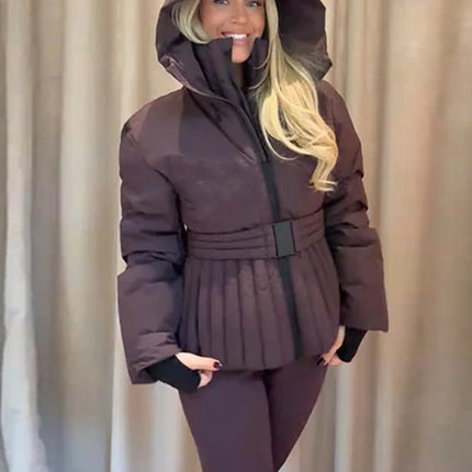 Women Peplum Ski Jackets Hooded Stand Collar Belt Waist Zipper Solid Puffer Jacket Fashion Sheath Warm Sport Winter 2025 Skiwear