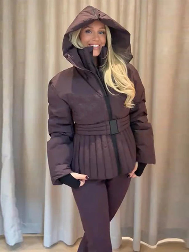 Women Peplum Ski Jackets Hooded Stand Collar Belt Waist Zipper Solid Puffer Jacket Fashion Sheath Warm Sport Winter 2025 Skiwear