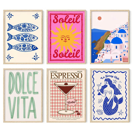 Dolce Vita Gallery Wall Set Mediterranean Preppy Coastal Prints Dopamine Decor Print Kitchen Bar Cart Art Canvas Painting