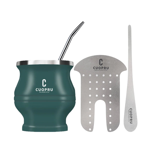 Yerba Mate Gourd Set Includes Double Walled Stainless Steel Tea Cup One Bombilla Mate (Straw), Cleaning Bruch, Tea Separator