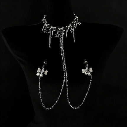 Dark-themed Erotic Nipple Clamps with Full-body Chain and Collar SM-style Nipple Body Decoration Made of Metal Adult Toy Product