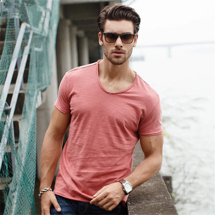 Brand Quality 100% Cotton Men's T-shirt V-neck Fashion Design Slim Fit Solid T-shirts Male Tops Tees Short Sleeve T-Shirt For Men