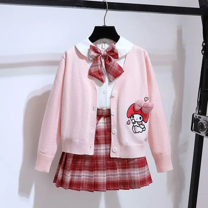 New Sanrio Cute Kuromi My Melody Cardigan Jacket Long Sleeve Shirt Pleated Skirt Preppy Style Jacket Three Piece Set Wholesale