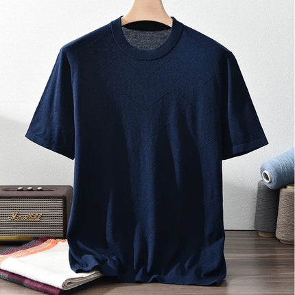 85% Silk + 15% Cashmere Men's T-shirt Casual Solid Color Knitted Pullover Short-Sleeved Round Neck Tees Basic Tops