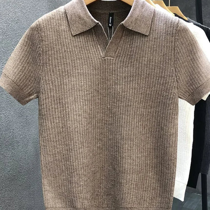 Men's Polo Neck Short Sleeve Knitted Sweater Slim Fit Summer Fashion Turn-down Collar Base Shirt Casual Style Pure Color
