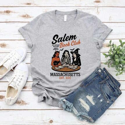 Witchy Book Club T-Shirt Spooky Girl Reading T-shirt Book Lover Halloween T-shirt Casual Women Graphic T-shirts Witches Salem Tee