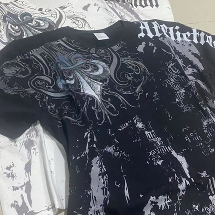 Affliction Out Of Print Short Sleeves Woman Hip Hop Black T Shirt Couple Y2K High Street Pure Cotton Tops Aesthetic Clothes