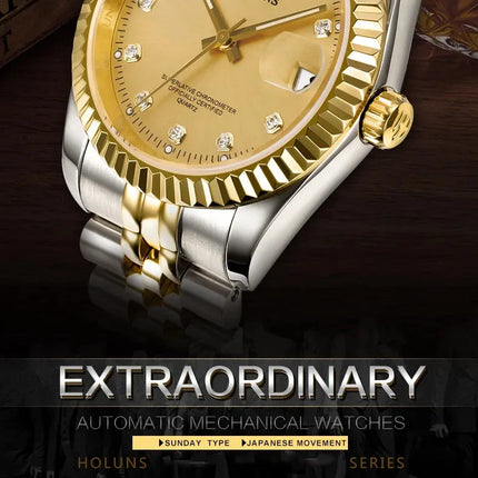 Holuns Luxury Classic 36/41mm Gold Men's Watches Japan MIYOTA Quartz Movt Stainless Steel Classic Business Wristwatch Waterproof