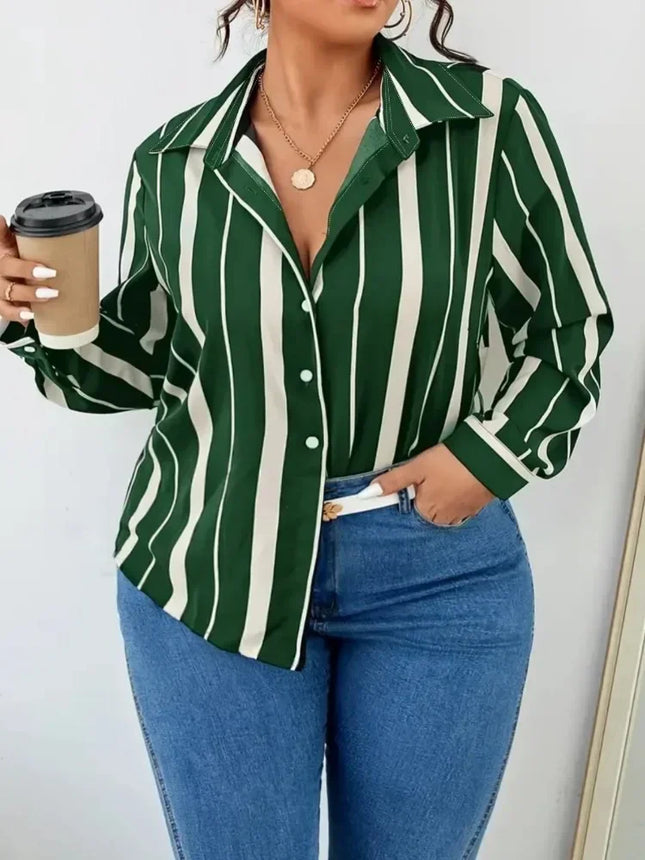 Plus Size Women's Shirt 2025 New Striped Printed Temperament Commuter Shirt Slim-fit Women's Shirt Long Sleeve Streetwear Tops