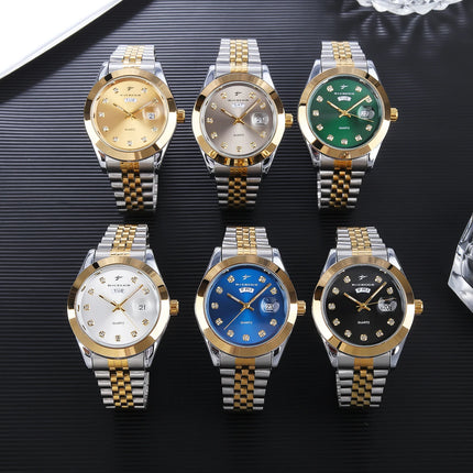 Men's quartz wristwatch with color blocked metal strap, diamond inlaid dial, dual calendar display design, light luxury texture,