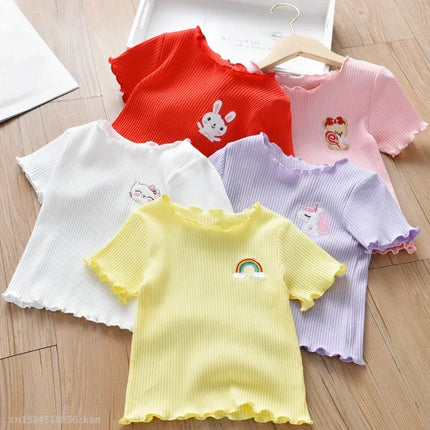 Girls' Embroidered Short Sleeve T-Shirt Ice Silk Summer Top with Ruffle Trim Stretchy Soft for Toddler Baby 1-6 Years