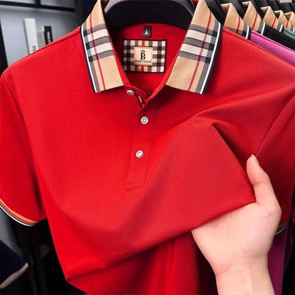 Luxury brand short sleeve polo shirt men's summer silk cotton comfortable breathable plaid lapel top fashion casual golf T-shirt