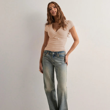 2025 Summer New Fashion Women's T-Shirt Solid-Color Slim-Fit V-Neck Short-Sleeve Top Y2k Clothing