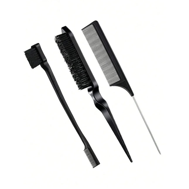 3-piece styling comb set with triple-tooth hair brush, rat tail comb, edge brush, salon hair styling tool, special for real hair wigs