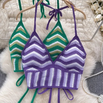 Beach Vacation Style Cami Top Women Design Sense Color Blocking Hook Flower Slim Fit Camisole Short Sexy Exposed Navel Crop Tops
