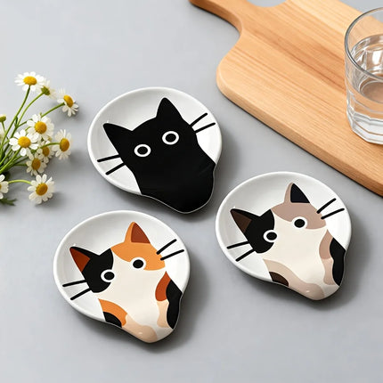 1PC Cat-Shaped Ceramic Spoon Rest, Cute Pet Pattern Dipping Sauce Dish, Multi-Color Spoon Holder & Snack Tray, Heat-Resistant &