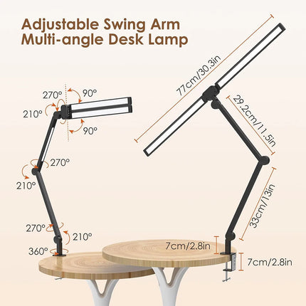24W LED Clip Desk Lamp with Remote Control Rotatable 3 Head Stepless Dimming Eye-Caring Reading Desk Lamp for Office PC Studying