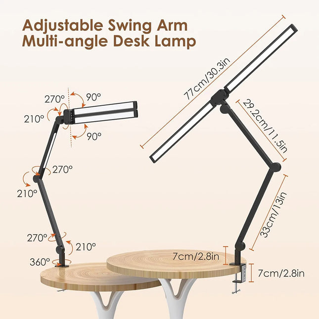 24W LED Clip Desk Lamp with Remote Control Rotatable 3 Head Stepless Dimming Eye-Caring Reading Desk Lamp for Office PC Studying