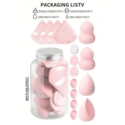 15pcs Mini Honey Pot Style Cosmetic Sponge Set - 4 Large Beauty Blenders, 4 Fan-Shaped Powder Puffs, 4 Mini Beauty Blenders, And