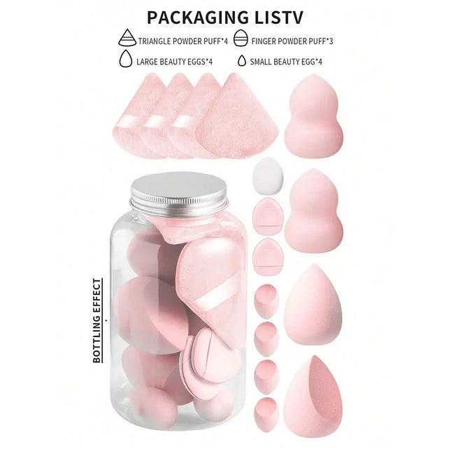 15 Pcs Mini Honey Pot Style Cosmetic Sponge Set - 4 Large Beauty Blenders, 4 Fan-Shaped Powder Puffs, 4 Mini Beauty Blenders, and