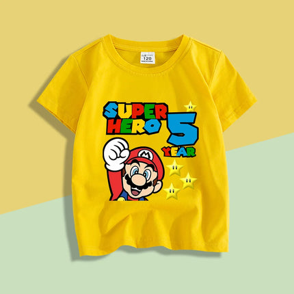 2026 New Super Mario Bros Children's Pure Cotton T-shirts Anime Birthday Numbers 1-9, Cute Anime Children's Casual T-shirts