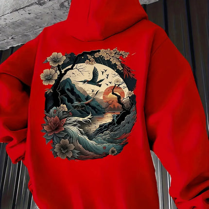 Oversized Unisex Hoodie Oriental Mountain Bird Flower Sunset Back Print 2026 Spring Ulzzang Y2K Viral Street Sweatshirt