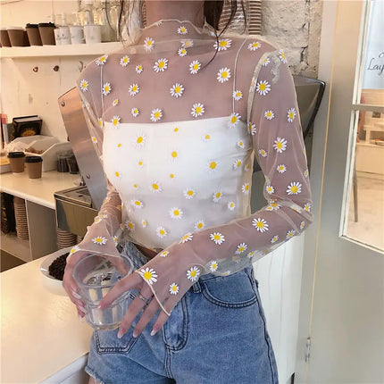 2023 Autumn Hollow Out Mesh T-Shirt Daisy Flower Pattern Crop Top Sexy Transparent Long Sleeves Basic Tops For Women Lace Tops