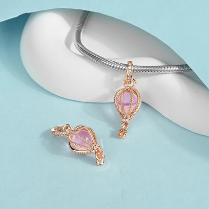 Fashionable 925 Sterling Silver Blue and Pink Hot Air Balloon Pendant Dangle Charm Fit Brand Bracelet Sparkling Jewelry