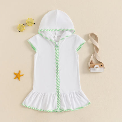 Toddler Girl Hooded Beach Coverup Summer Infant Stripe Print Zipper Robe Children Short Sleeve Summer Swimwear Cover-up