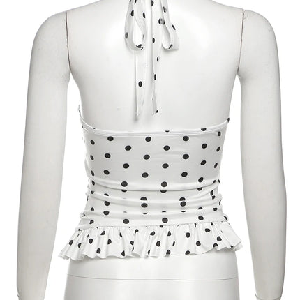 Weird Puss Polka Dot Print Top Women Halter Low-Neck Bandage Ruffles Backless Sleeveless Skinny Summer Trend Street Basic Vest