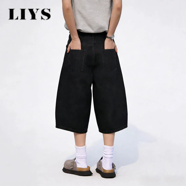 LIYS Summer American Style Retro Black Ultra Baggy Machete Wide Leg Denim Shorts Fashion Men's Women's Daily Jeans Capris Jeans
