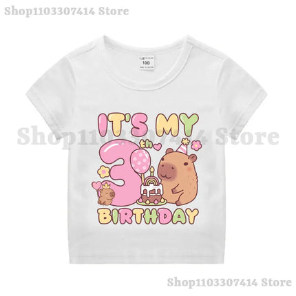 Capybara Girl Anime Cotton T-shirt Kids Cartoon Cute Top Number 1-10 Pattern Print Tee Summer Birthday Party Clothing Gifts 2025