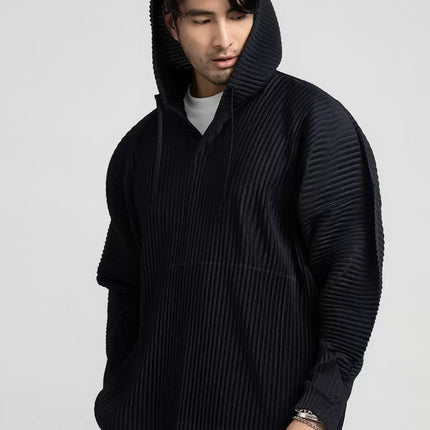 Miyake Pleated Hoodies Fashion Casual Pullover Hoodies Baggy Drawstring Top