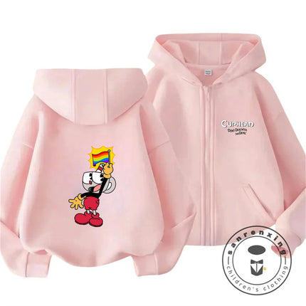 Cuphead 2026 Lovely Zipper Hoodie Boys Girls 3-14Y Autumn Winter Cute Kawaii Cartoon Street Hot Fashion Outdoor Casual Warm