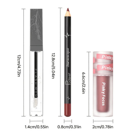 3pcs Lip liner pen set, lip liner pen, lip mud and lip oil, easy to apply makeup, long-lasting non-stick to cups, festival gift
