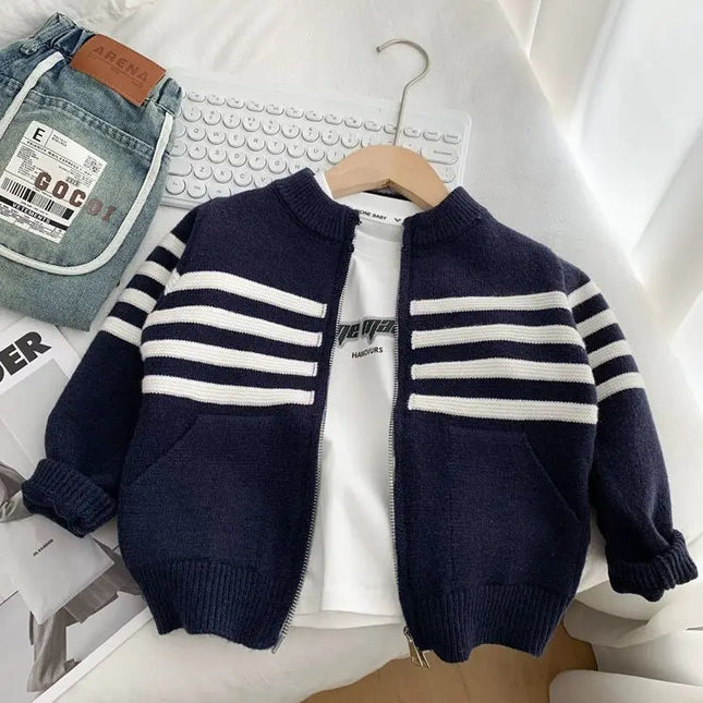 Boys' Contrast-Color Round Neck Cardigan  Spring Autumn Striped Knit Top with Fashion Yarn - Cool & Stylish