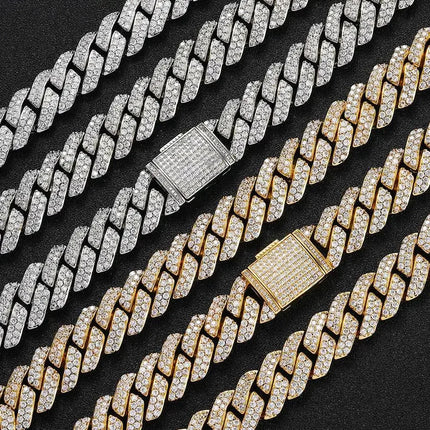 Hip Hop Shiny 15MM Cuban Link Chain Necklace Women Men Silver Color Rhinestone Iced Out Cuban Chain Punk Jewelry Necklace Gift