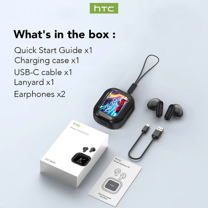 HTC NE20 TWS Bluetooth 6.0 Earbuds Smart LCD Touchscreen Real-Time AI Translation ENC Noise Reduction HiFi Audio for Sport