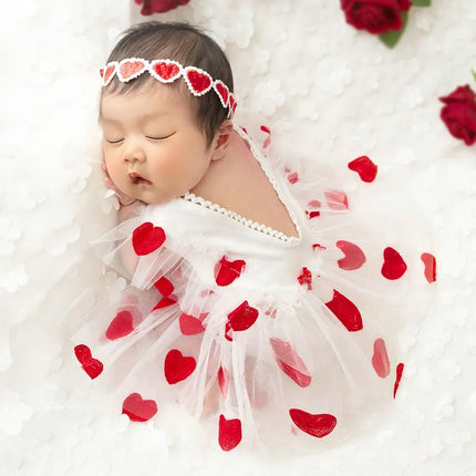 Ylsteed Newborn Girl Photography Outfits Red Heart Embroidery Romper Dress with Headband Infant Photography Props