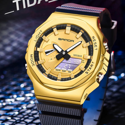 SANDA 3167 Top New Style Men's Casual Military Outdoor Sport Wrist Watch Quartz 50M Waterproof Fashion Dual Display Men's Watch