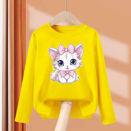 2024 Cute Bow Cat Dress Baby Girl Long Sleeved T-shirt Cartoon Kitty Cotton Tops Girls Spring Leisure Tees 3-14 Age