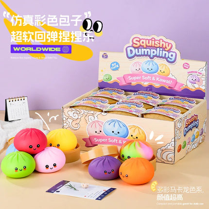 Colorful Dumpling Squishes Blind Box Stress Balls Fidget Sensory Toys Simulation Food Squishies Bun with Steamer Squeeze Toy