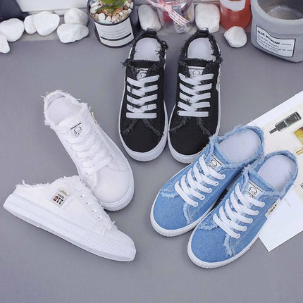 Womens Half Slipper Sneakers Comfortable Women Casual Shoe Lace-up Women Flat Shoes Breathable Canvas Shoes Anti-slip Zapatillas