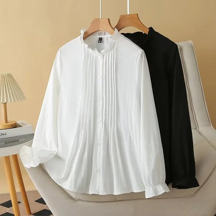 Women's Cotton Ruffle Collar Blouses, Plus Size, Loose Shirt, Casual, Sweet, Autumn, New, 471