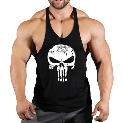 Mens Bodybuilding Faux Cotton Tank Top Gym Fitness Sports Sleeveless Top Skull Print Breathable Tank Top Mens Summer Tank Top