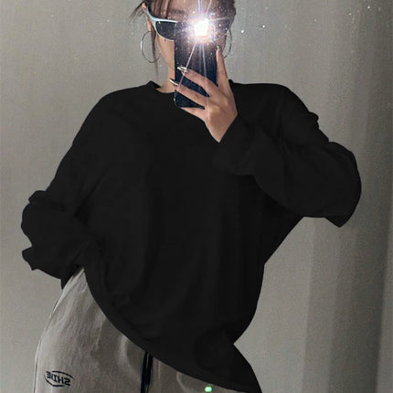 Women's Basic Long Sleeve Loose O-neck T-shirt Autumn Winter Solid Color Tee Top Streetwear