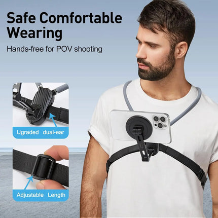 Magnetic Neck Phone Mount, Adjustable Chest Strap Neck Phone Holder for Recording, Hands Free POV/Vlog Phone Video Filming