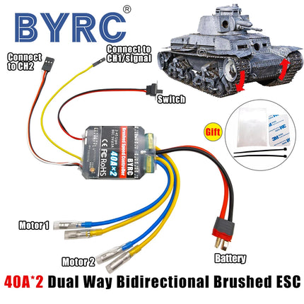 1PC Dual Way Bidirectional Brushed Electric Speed Controller 40A x 2 Mixed Control ESC 6-15V for RC Tank/Speed Difference Boat